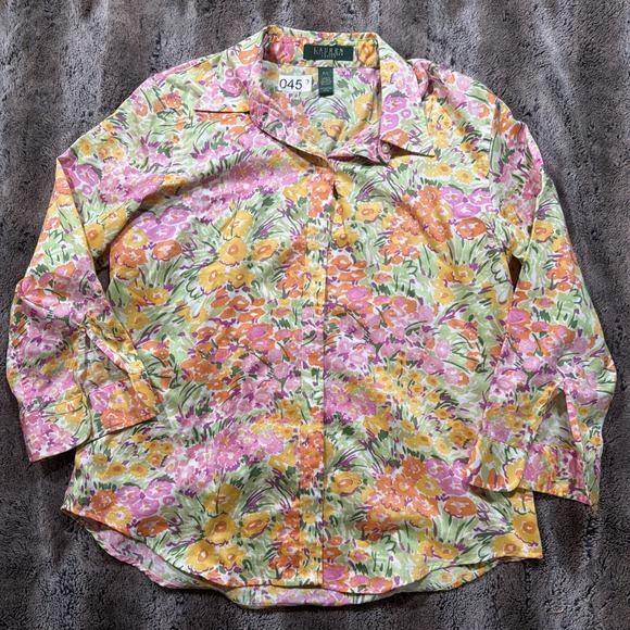 Lauren Ralph Lauren Tops - Ralph Lauren Button Shirt Women Sz L Petite Floral Button Up Cotton 3/4 Sleeve